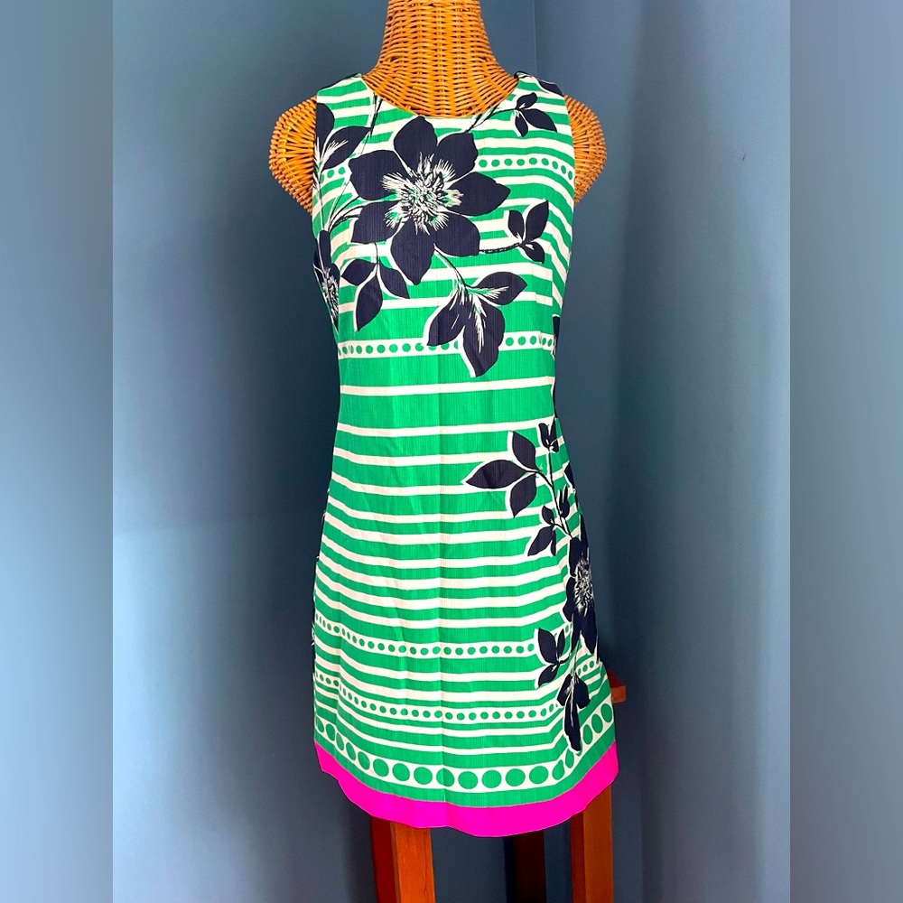 Eliza J Green Floral Striped Sleeveless Dress with Pink Trim